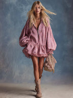 Elegant Western Hooded Front Zipper Ruffled Hem Pink Leopard Print Fuax Suede Mini Dress