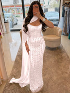 Cocoslly Strapless Sleeveless High Waist Long Prom Dress With Shawl And Rhinstone | Dusty Sage Satin YK1255