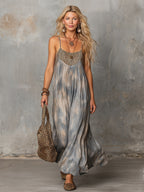 Vintage-style Bohemian Oil Painting Print Dusty Blue Cotton-linen Maxi Dress