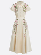 Apricot Embroidery Floral Classic Bow Collar Cap Sleeve A-Line Midi Dress