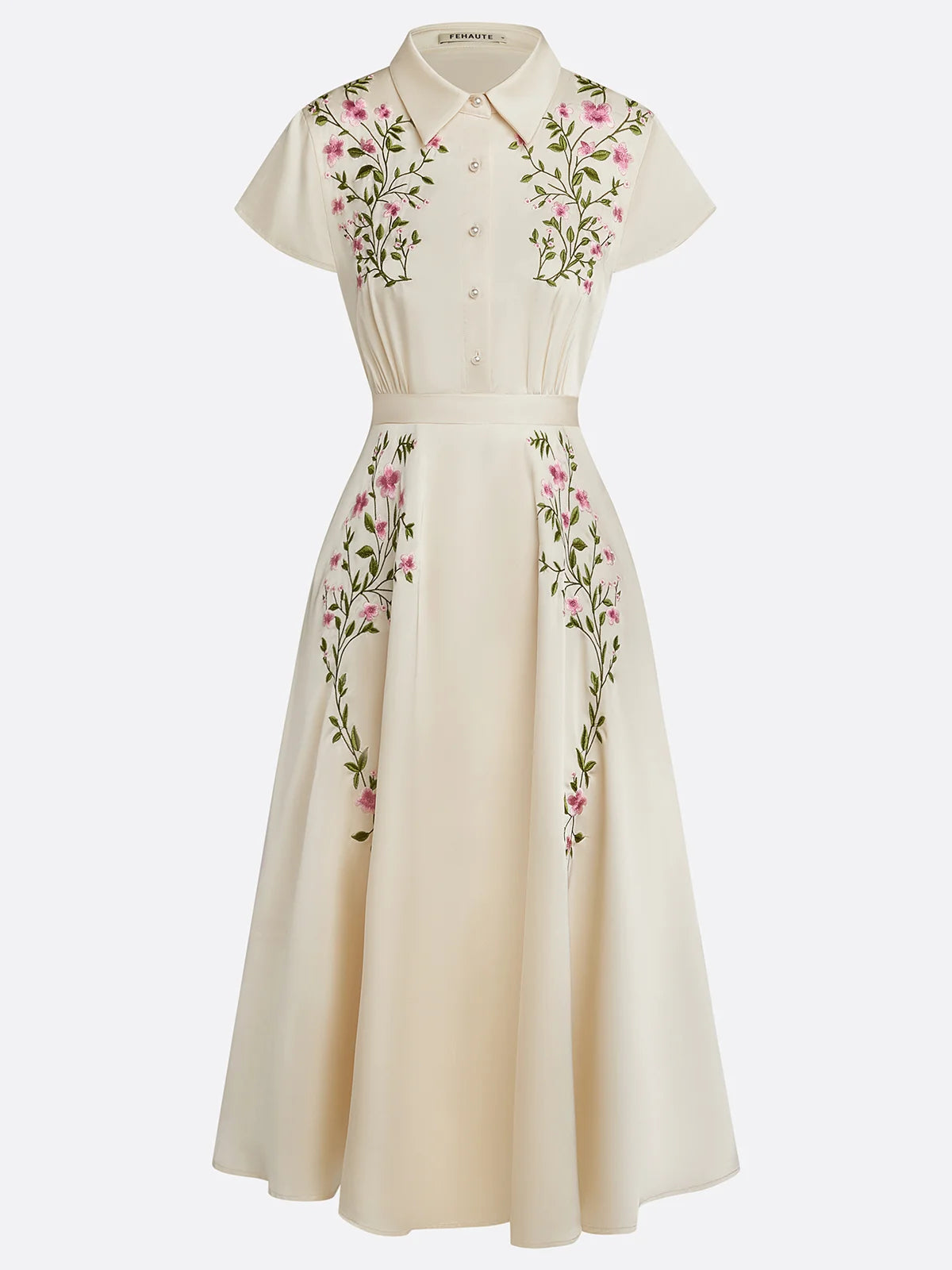 Apricot Embroidery Floral Classic Bow Collar Cap Sleeve A-Line Midi Dress