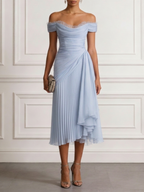 Lavender Ruched Lace Chiffon Off The Shoulder Short Sleeve A-Line Midi Dress