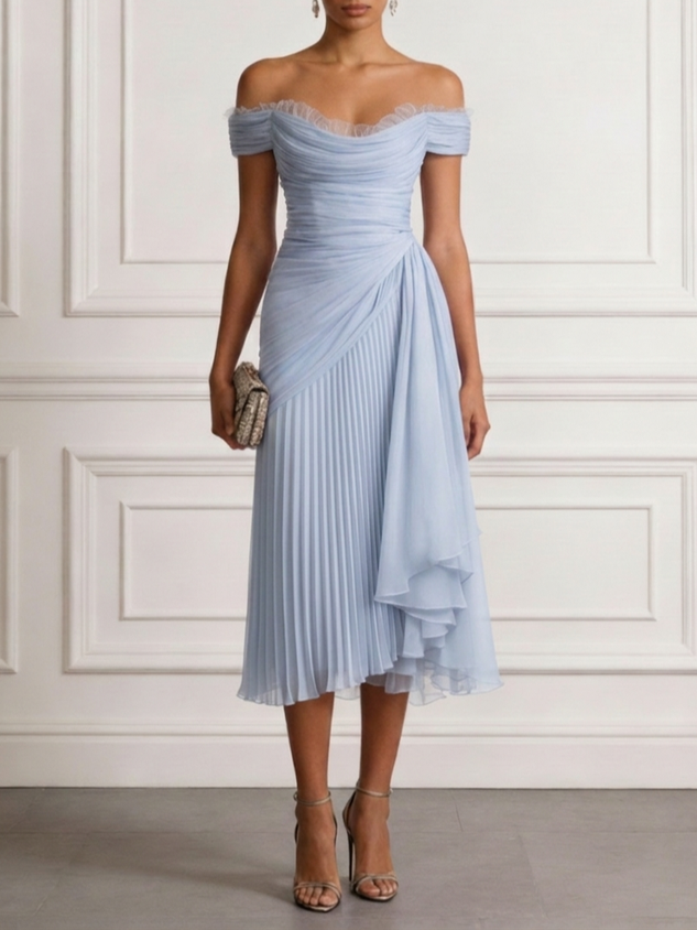 Lavender Ruched Lace Chiffon Off The Shoulder Short Sleeve A-Line Midi Dress