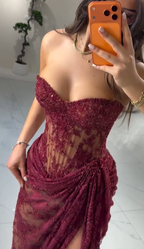 Cocoslly Strapless Sleeveless High Waist Long Prom Dress With Split And Appliques | Burgundy Lace WT0131