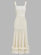 Off White Ruched Split Joint Knit Spaghetti Sleeveless Sheath Maxi Dress