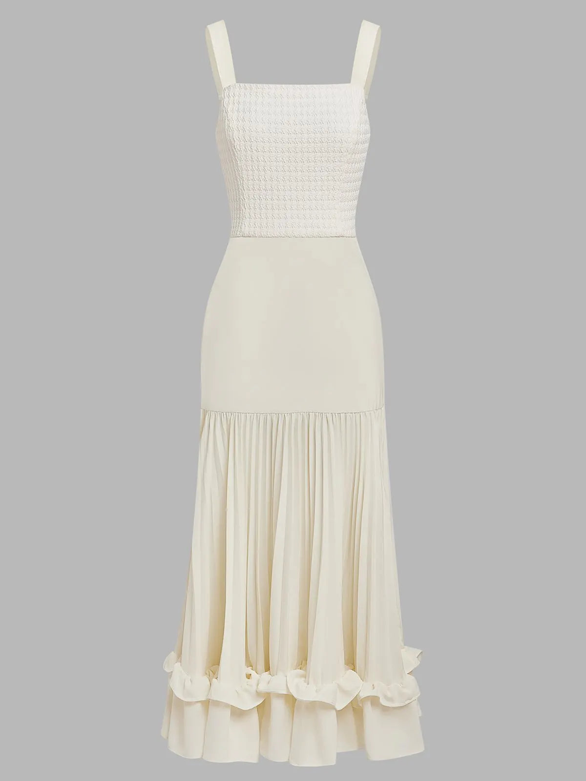 Off White Ruched Split Joint Knit Spaghetti Sleeveless Sheath Maxi Dress