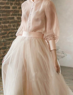 Cocoslly High Neck Long Sleeves High Waist Long Prom Dress | Blushing Pink Tulle LR0409