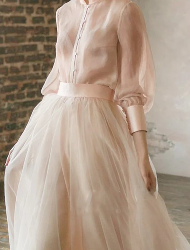 Cocoslly High Neck Long Sleeves High Waist Long Prom Dress | Blushing Pink Tulle LR0409