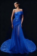 Cocoslly One Shoulder Sleeveless High Waist Long Prom Dress With Sequins | White Tulle YC0569