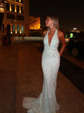 Cocoslly Halter Sleeveless Long Mermaid Prom Dress With Rhinstone | White Sequins CO0063