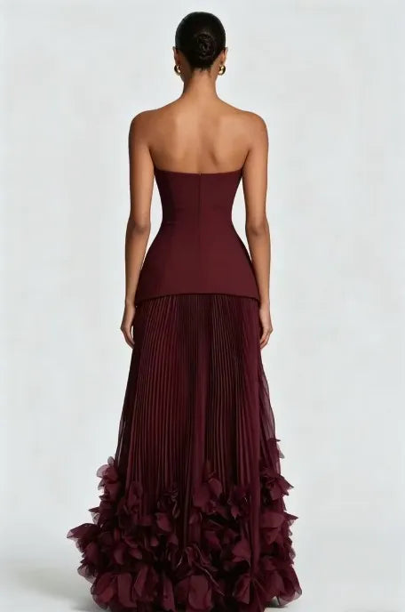 Cocoslly Strapless Sleeveless High Waist Long Prom Dress With Appliques And Pleated | Cabemet Chiffon YQ0118