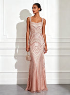 Light Pink Sequin Square Neck Sleeveless Mermaid Floor-length Gown Dress