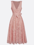 Deep Pink Bow Embroidery Classic V Neck Sleeveless A-Line Midi Dress With Pockets