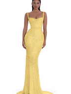 Cocoslly Spaghetti Straps Sleeveless High Waist Long Mermaid Prom Dress With Beading Pearls | Nude Champage Sequins JZ0120