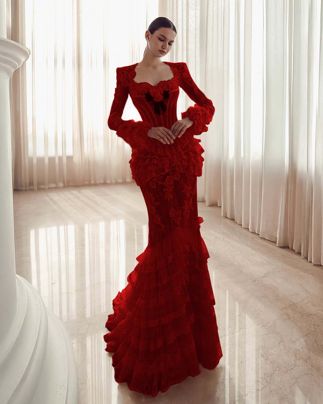 Long Sleeves Sweetheart Long Mermaid Prom Dress With Lace Appliques YK0181