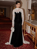 Cocoslly Long Sleeves Long Prom Dress With Scarf And Lace | Black And White Satin CO0089
