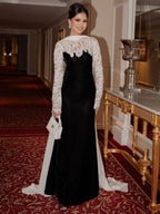 Cocoslly Long Sleeves Long Prom Dress With Scarf And Lace | Black And White Satin CO0089