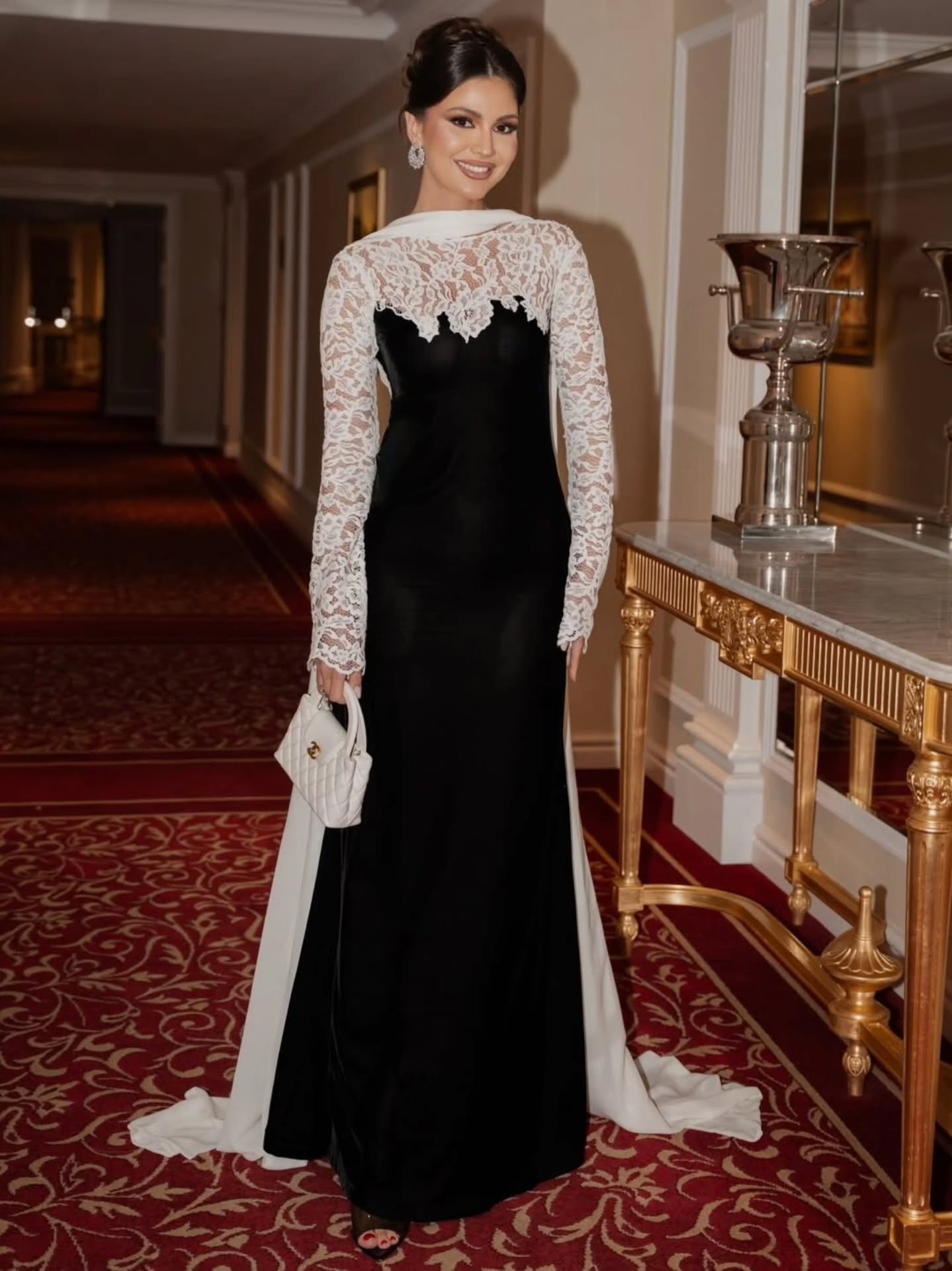 Cocoslly Long Sleeves Long Prom Dress With Scarf And Lace | Black And White Satin CO0089