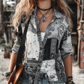 Women's Retro Music Symbol Black And White Print Spliced Open Cardigan Shirt