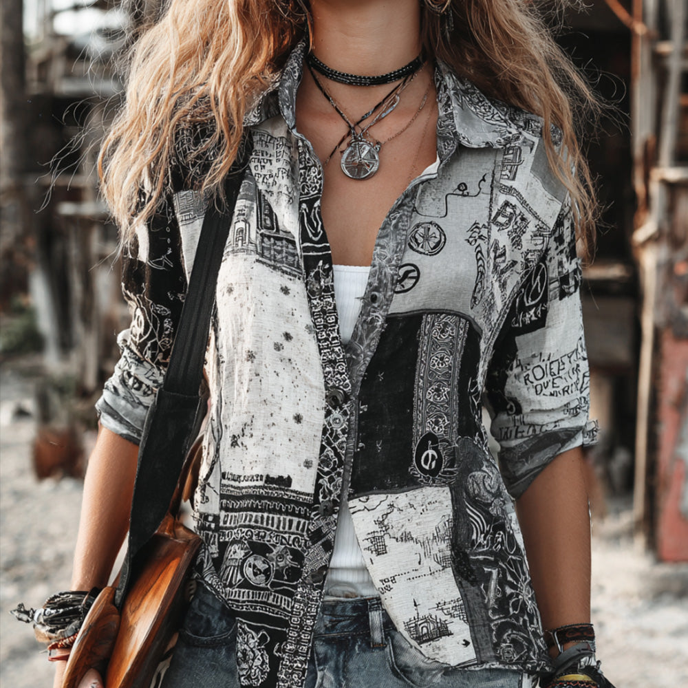 Women's Retro Music Symbol Black And White Print Spliced Open Cardigan Shirt