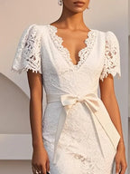 White Bow Lace V Neck Short Sleeve Sheath Midi Dress