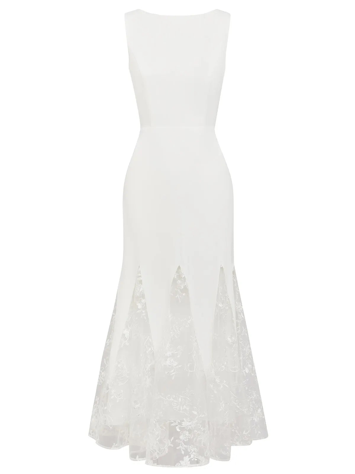 White Lace Boat Neck Sleeveless Mermaid Maxi Dress