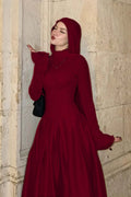Cocoslly High Neck Long Sleeves High Waist Long Prom Dress With Hat | Burgundy Satin LR0513