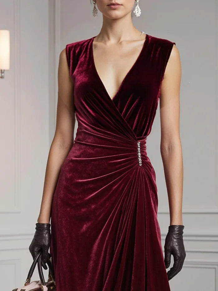 Wine Red Rhinestone Peplum Velvet V Neck Sleeveless A-Line Midi Dress