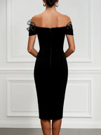Black 3D Floral Beaded Classic Off The Shoulder Short Sleeve Sheath Midi Dress