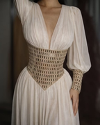 Cocoslly V-Neck Long Sleeves High Waist Long Prom Dress With Rhinstone | White Chiffon LR0373