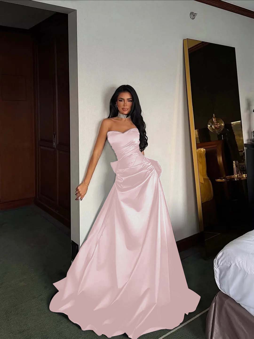 Black Satin Sweetheart Strapless Sleeveless Long A-Line Prom Dress With Pleated YK0695