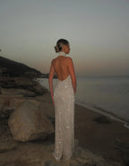 Cocoslly Halter Deep V-Neck Sleeveless Long Prom Dress With Rhinstone | White Beading CO0074
