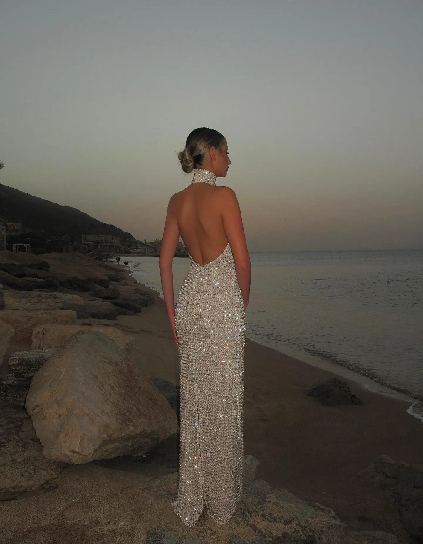 Cocoslly Halter Deep V-Neck Sleeveless Long Prom Dress With Rhinstone | White Beading CO0074