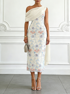 Light Blue Embroidery Classic Strapless Sleeveless Sheath Midi Dress