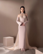 Spandex And Tulle High Neck Strapless Long Sleeves Long Mermaid Prom Dress With Ruffles And Beadings YK0748