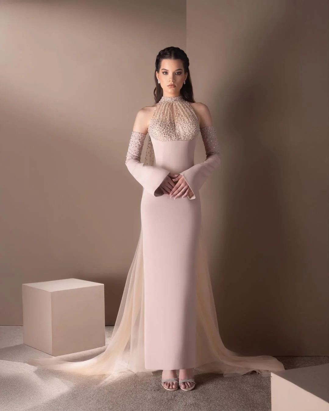 Spandex And Tulle High Neck Strapless Long Sleeves Long Mermaid Prom Dress With Ruffles And Beadings YK0748