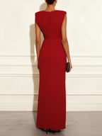 Red Ruffled Knit V Neck Sleeveless Sheath Maxi Dress