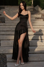Cocosll Spaghetti Straps Sleeveless High Waist Long Prom Dress With Ruffles | Blushing Pink Satin YC0564
