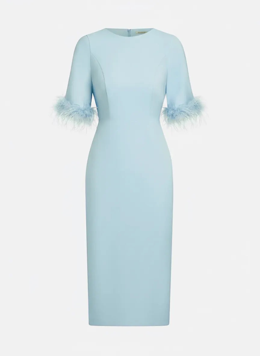 Light Blue Faux Feather Classic Crew Neck Half Sleeve Sheath Midi Dress