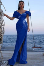 Cocoslly Off-The-Shoulder Beaded Split Long Prom Dress With Sequins Acrylic Rhinestones | Sky Blue Satin ZT0483