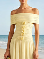 Yellow 3D Floral Chiffon Off The Shoulder Short Sleeve A-Line Maxi Dress