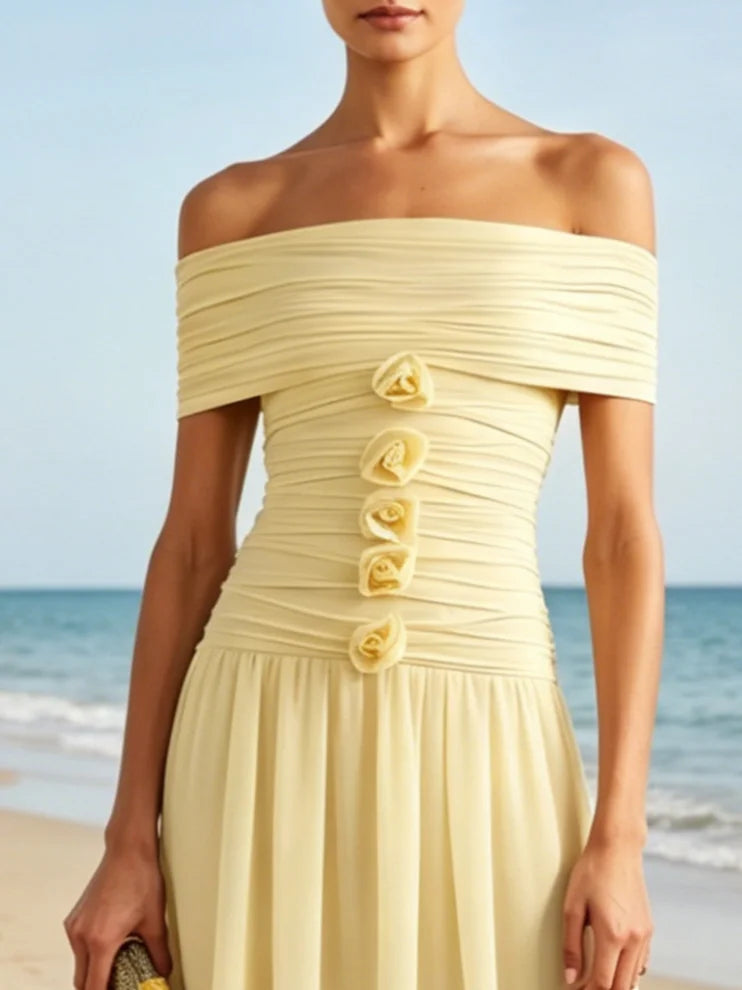 Yellow 3D Floral Chiffon Off The Shoulder Short Sleeve A-Line Maxi Dress