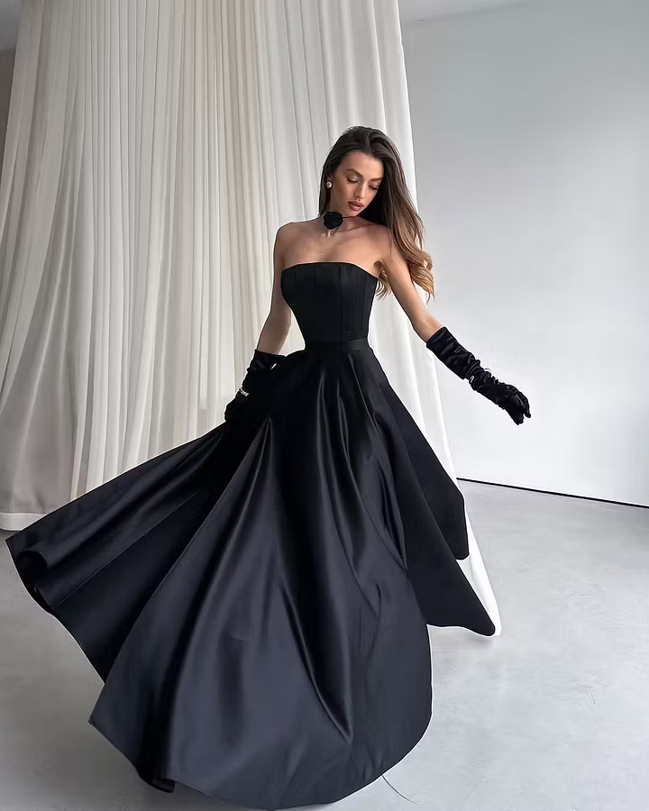 Cocoslly Strapless Sleeveless High Waist Long Prom Dress With Split And Gloves | Black Satin ZT0723