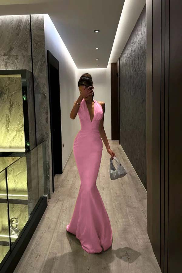 Halter V Neck Sleeveless Long Mermaid Prom Dress With Pleated YK0104