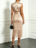 Women Champagne Lace Crew Neck Sleeveless Elegant Top With Skirt Two-Piece Set