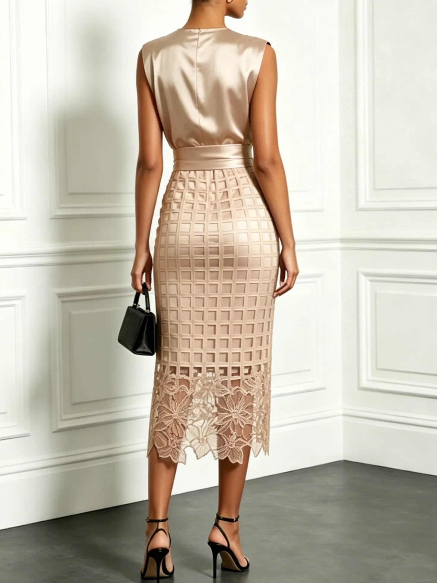 Women Champagne Lace Crew Neck Sleeveless Elegant Top With Skirt Two-Piece Set