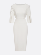 White Faux Pearl Classic Crew Neck Half Sleeve Sheath Midi Dress