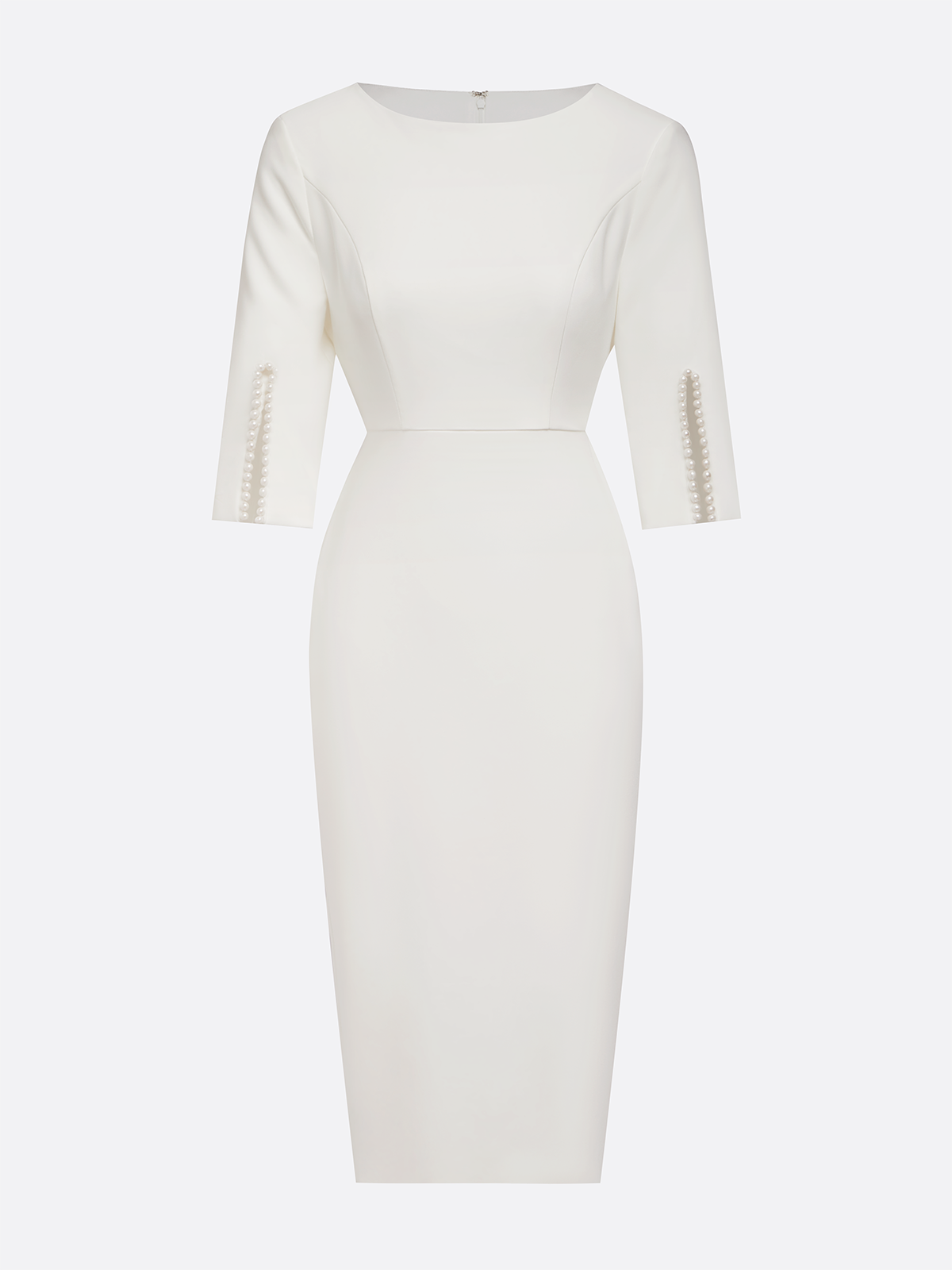 White Faux Pearl Classic Crew Neck Half Sleeve Sheath Midi Dress