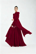 Cocoslly High Neck Long Sleeves High Waist Long Prom Dress With Rhinstone | Cabemet Chiffon LR0407