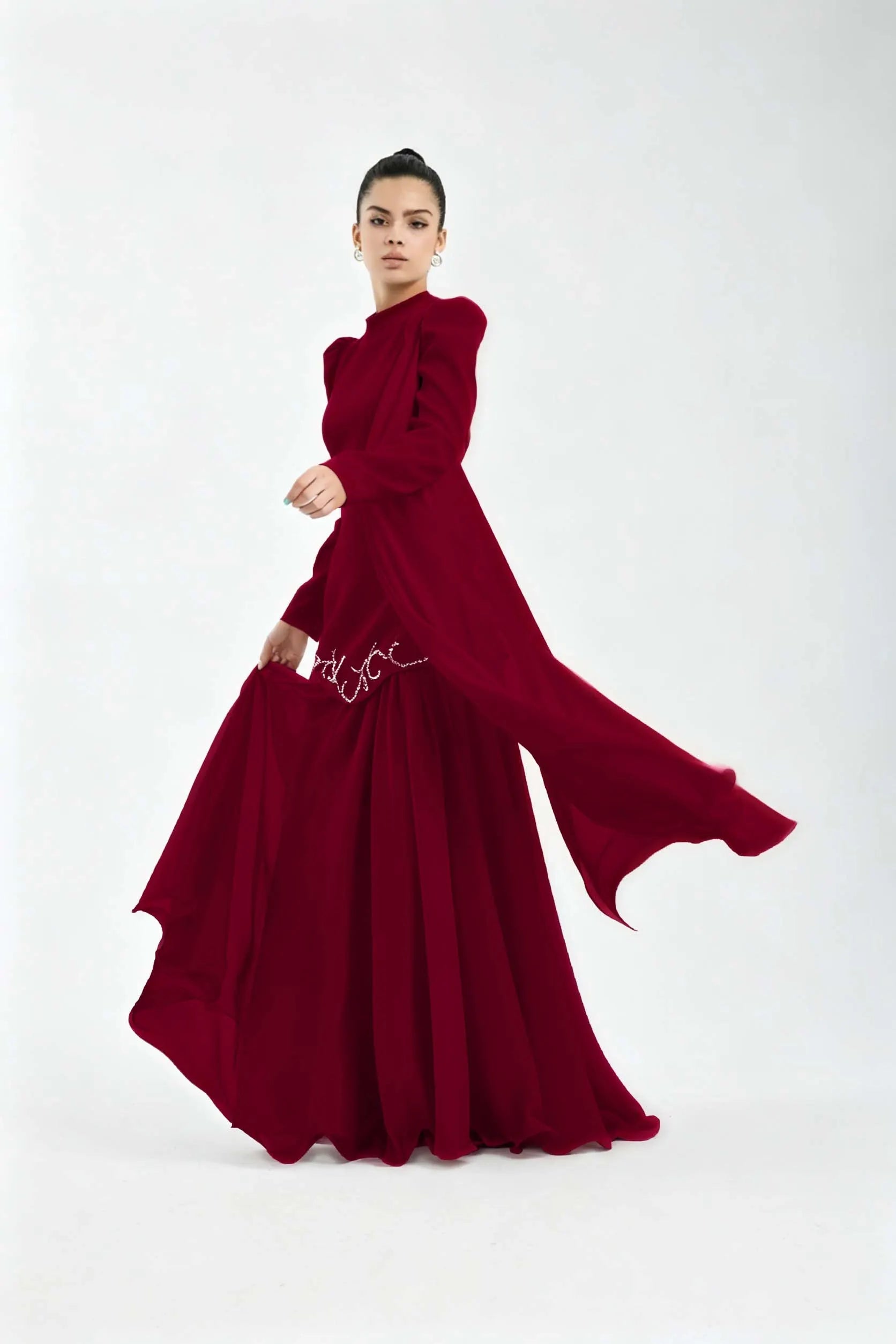 Cocoslly High Neck Long Sleeves High Waist Long Prom Dress With Rhinstone | Cabemet Chiffon LR0407